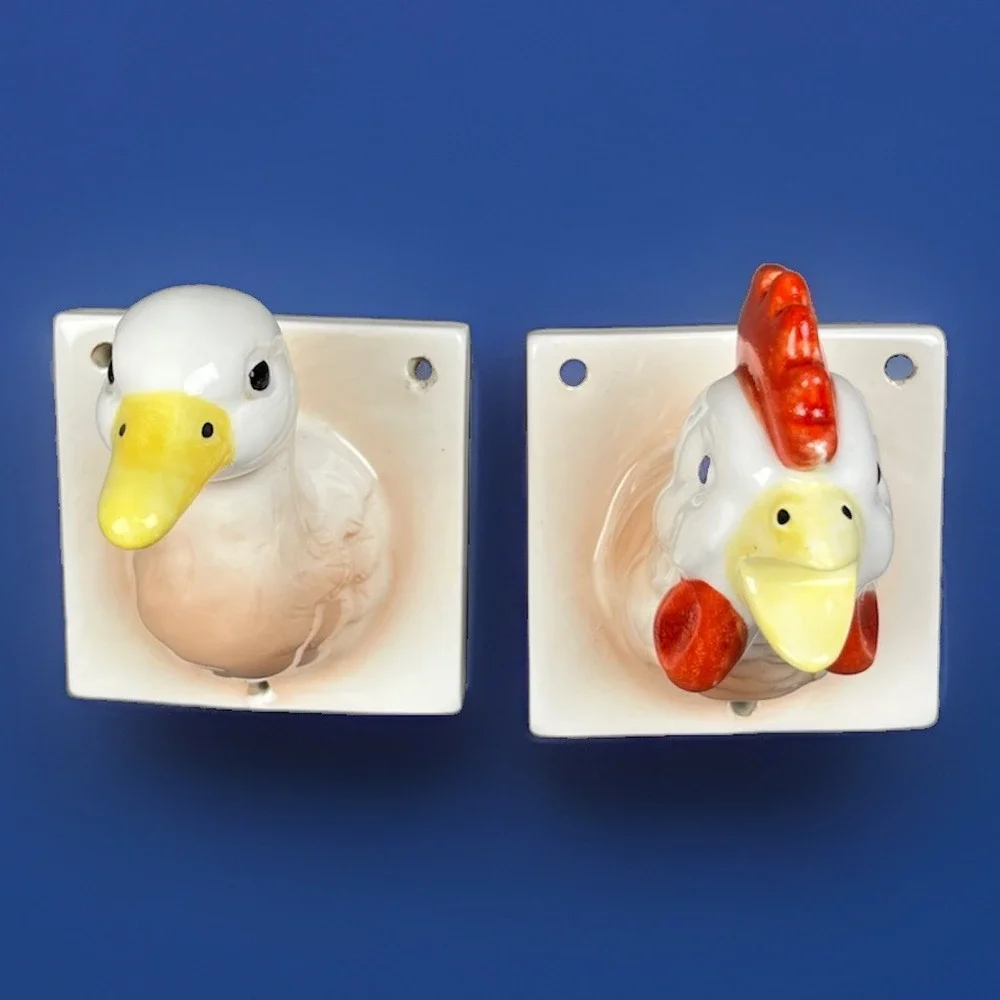 Vintage Ceramic Apron Towel Hook Holder Lot 2 Piece Chicken Duck Head & Hardware